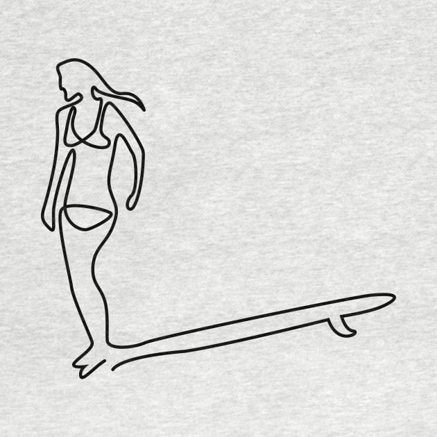 one line surfer girl hanging ten on a longboard by JDP Designs